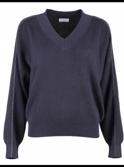 Pull katoen v-hals blauw | DELSCHER. Fashion