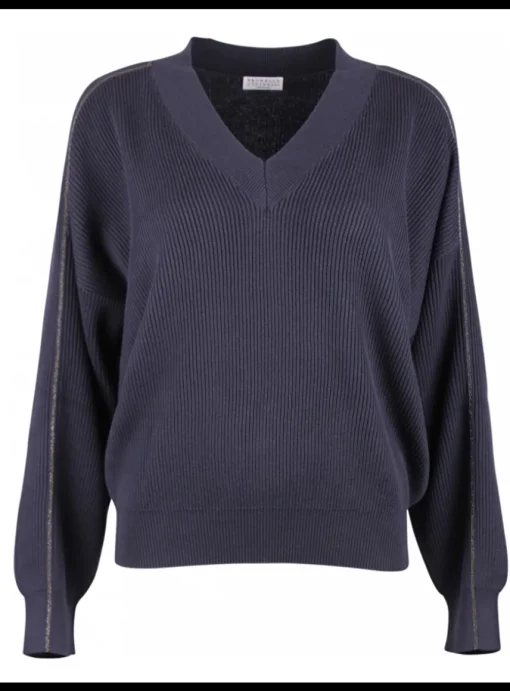 Pull katoen v-hals blauw | DELSCHER. Fashion