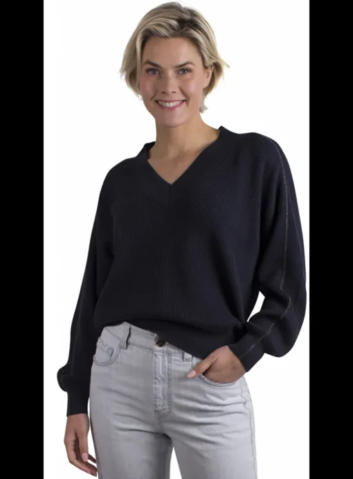 Pull katoen v-hals blauw | DELSCHER. Fashion