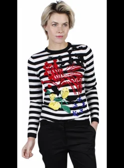 pull navy wit met bloemen en pailletten | DELSCHER. Fashion