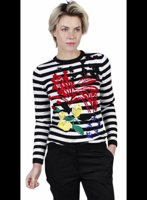 pull navy wit met bloemen en pailletten | DELSCHER. Fashion