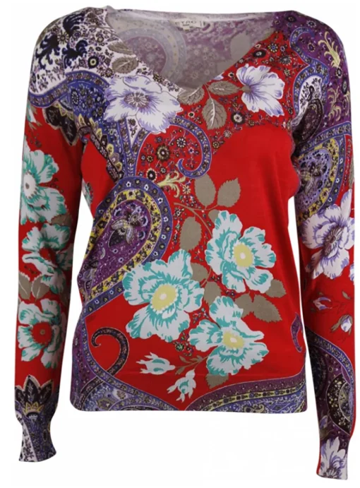 Pull paisley rood/paars bloemdessin | DELSCHER. Fashion