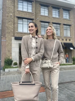 Pull taupe met zilver opengewerkt | DELSCHER. Fashion
