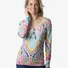 Pull zijde dessin roze blauw beige geel | DELSCHER. Fashion