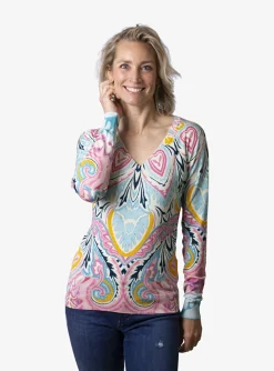 Pull zijde dessin roze blauw beige geel | DELSCHER. Fashion