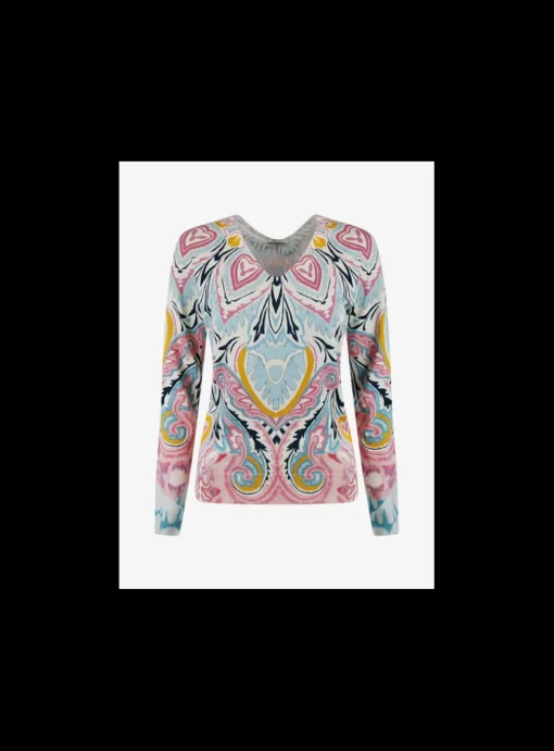Pull zijde dessin roze blauw beige geel | DELSCHER. Fashion