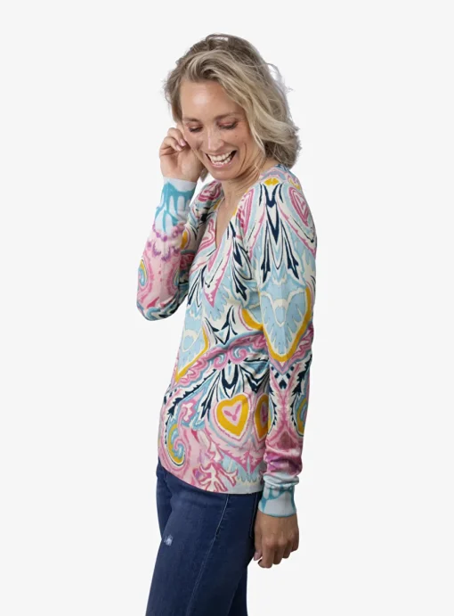 Pull zijde dessin roze blauw beige geel | DELSCHER. Fashion