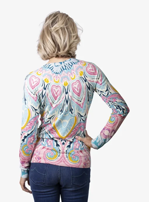 Pull zijde dessin roze blauw beige geel | DELSCHER. Fashion