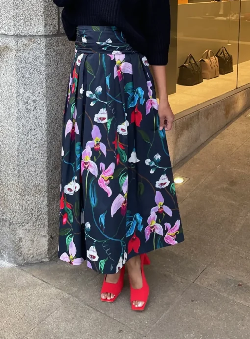 Rok carrie marine bloemen dessin | DELSCHER. Fashion