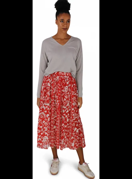 Rok plisse print dessin rood grijs | DELSCHER. Fashion