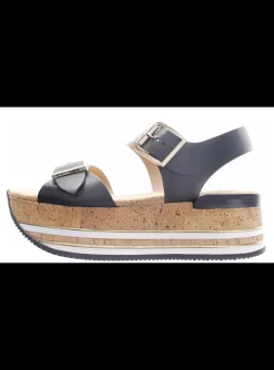 Sandaal zwart leder met plateauzool | DELSCHER. Fashion
