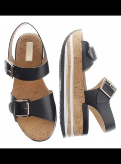Sandaal zwart leder met plateauzool | DELSCHER. Fashion