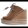 Sandalette leder cognac met kurk plateau | DELSCHER. Fashion