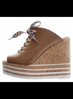 Sandalette leder cognac met kurk plateau | DELSCHER. Fashion