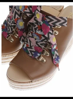 Sandalette leder cognac met kurk plateau | DELSCHER. Fashion