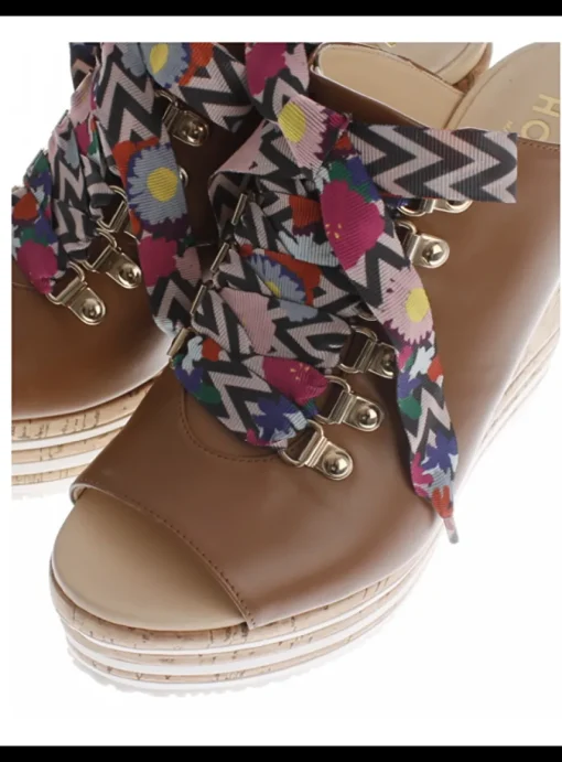Sandalette leder cognac met kurk plateau | DELSCHER. Fashion