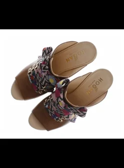 Sandalette leder cognac met kurk plateau | DELSCHER. Fashion