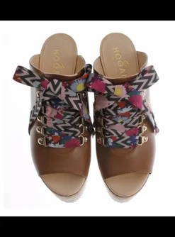 Sandalette leder cognac met kurk plateau | DELSCHER. Fashion