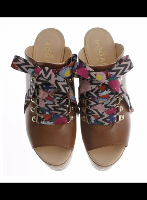 Sandalette leder cognac met kurk plateau | DELSCHER. Fashion