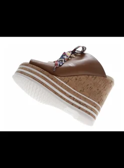 Sandalette leder cognac met kurk plateau | DELSCHER. Fashion