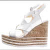 Sandalette leder wit zilver met kurk plateauzool | DELSCHER. Fashion