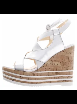Sandalette leder wit zilver met kurk plateauzool | DELSCHER. Fashion