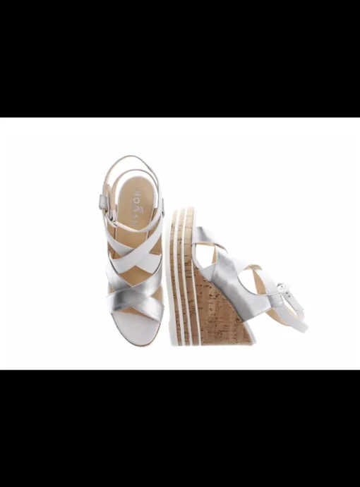 Sandalette leder wit zilver met kurk plateauzool | DELSCHER. Fashion