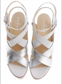 Sandalette leder wit zilver met kurk plateauzool | DELSCHER. Fashion