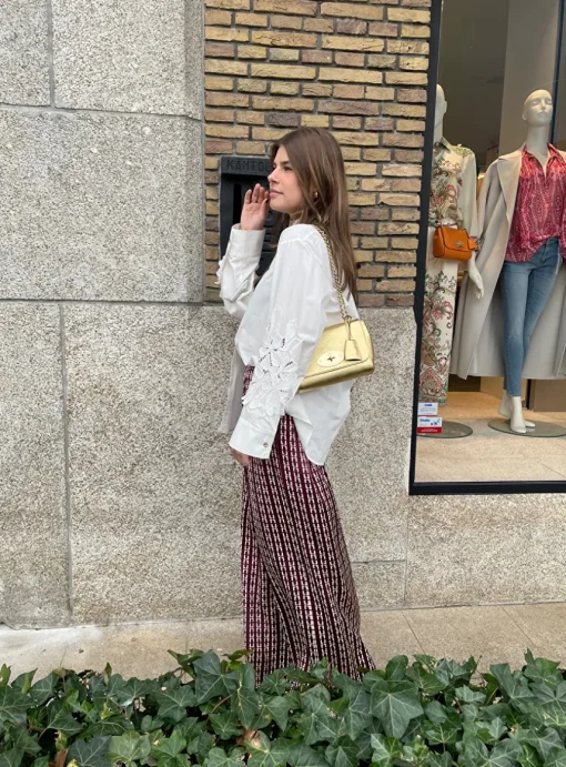 Satin broek ruit bordeaux | DELSCHER. Fashion