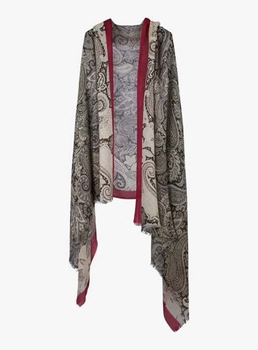 Shawl cashmere offwhite/zwart met rode bies | DELSCHER. Fashion