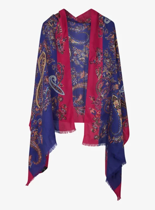 Shawl cashmere paisley dessin blauw, fuchsia roze | DELSCHER. Fashion