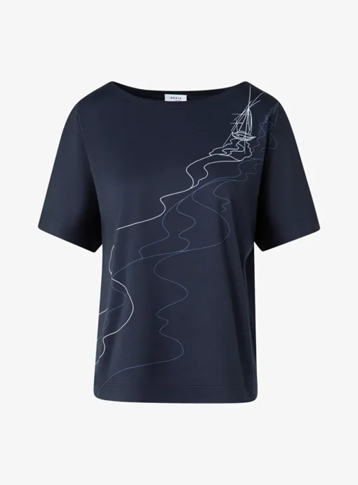 Shirt marine met print zee en zeilbootjes | DELSCHER. Fashion