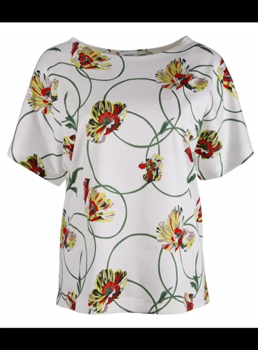 Shirt offwhite bloemen dessin groen rood | DELSCHER. Fashion