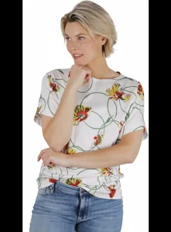 Shirt offwhite bloemen dessin groen rood | DELSCHER. Fashion
