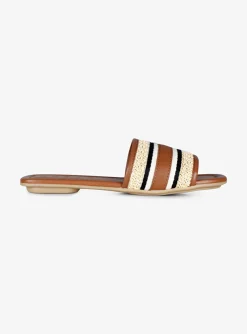 Slipper cognac raffia met logo band | DELSCHER. Fashion