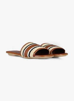 Slipper cognac raffia met logo band | DELSCHER. Fashion