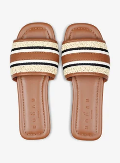Slipper cognac raffia met logo band | DELSCHER. Fashion