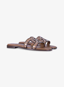 Slipper leer studs cognac | DELSCHER. Fashion