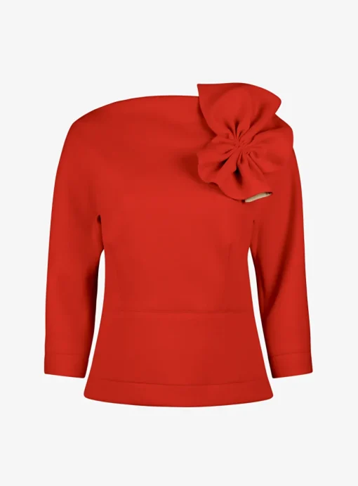 Top bianca scuba corsage rood | DELSCHER. Fashion