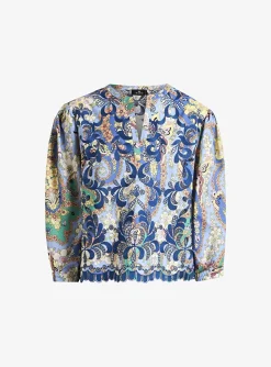 Top blauw dessin met borduur en broderie | DELSCHER. Fashion