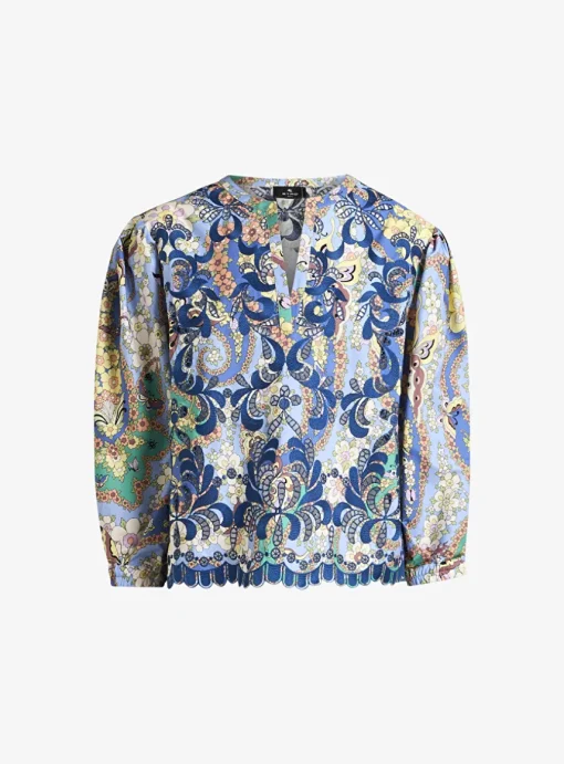 Top blauw dessin met borduur en broderie | DELSCHER. Fashion