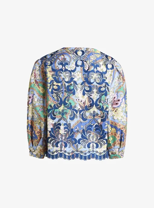 Top blauw dessin met borduur en broderie | DELSCHER. Fashion