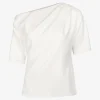 Top canari asymmetrisch offwhite draperie en korte mouw | DELSCHER. Fashion