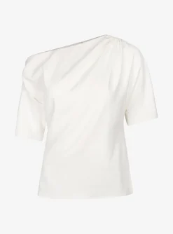 Top canari asymmetrisch offwhite draperie en korte mouw | DELSCHER. Fashion