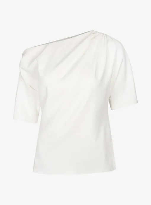 Top canari asymmetrisch offwhite draperie en korte mouw | DELSCHER. Fashion