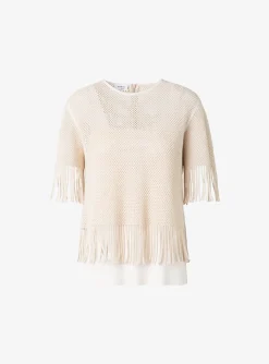 Top opengewerkt beige met franjes | DELSCHER. Fashion