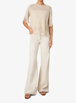 Top opengewerkt beige met franjes | DELSCHER. Fashion