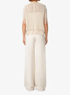 Top opengewerkt beige met franjes | DELSCHER. Fashion