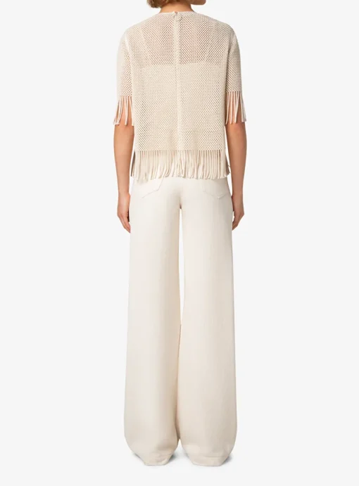 Top opengewerkt beige met franjes | DELSCHER. Fashion