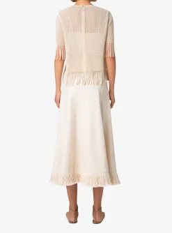 Top opengewerkt beige met franjes | DELSCHER. Fashion